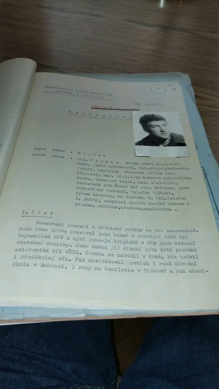 Memorandum StB Liberec 1979 — krycí jméno Blažek, pravé jméno ing. Milan Taraba